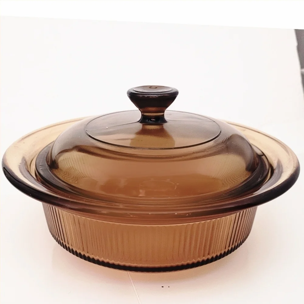 Vintage Corningware Visions Amber 24oz Ribbed Casserole Dish W/ Lid